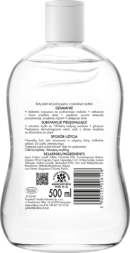 Tył butelki żelu pod prysznic Biały Jeleń 500 ml, z naturalnym mydłem. Widoczne szczegóły i skład na etykiecie.