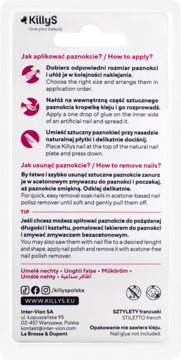 Tył kartonowego opakowania KillyS sztucznych paznokci french stiletto, z instrukcjami użycia po polsku i angielsku.