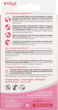 Tył opakowania czarnych sztucznych paznokci KillyS Salon Results, instrukcje, 24 szt., bez kleju.