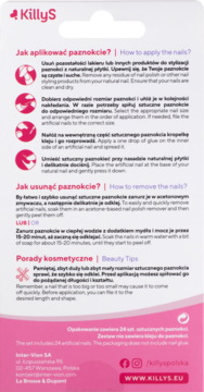 Tył biało-różowego opakowania sztucznych paznokci KillyS z instrukcjami aplikacji, usuwania i poradami.