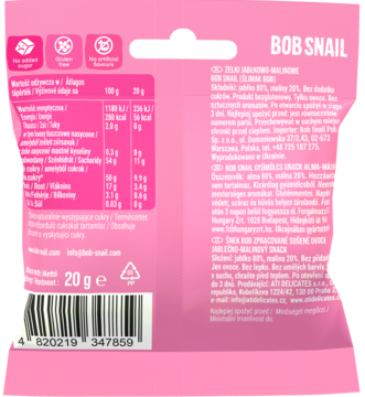 Tył różowego opakowania Bob Snail Żelki owocowe Jabłko Malina, etykieta z danymi żywieniowymi, bez cukru.