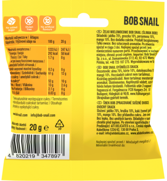 Tył żółtego opakowania Bob Snail Żelki Wieloowocowe 20g, bez cukru, z tabelą wartości odżywczych.