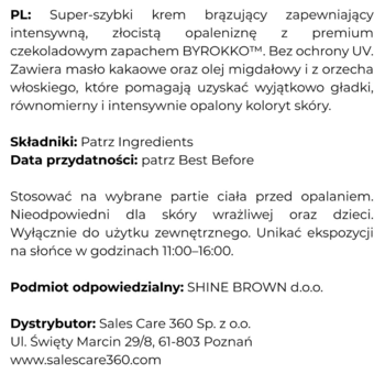 Etykieta balsamu ByRokko Shine Brown Chocolade z instrukcją, ostrzeżeniami i danymi producenta, widok z tyłu.