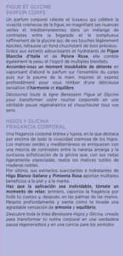 Tekstowy opis produktu Collistar Benessere Fico E Glicine - perfumy do ciała (figa, glicyna). Dwa języki, fioletowe tło.