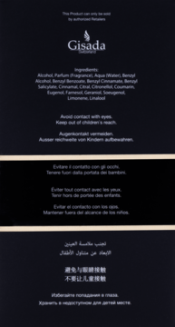 Tylne opakowanie perfum męskich Gisada Ambassador Intense, ciemne tło z białymi składnikami i ostrzeżeniami.
