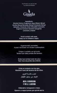 Tył czarnego opakowania perfum Gisada Ambassador Intense z białym tekstem: skład i ostrzeżenia w wielu językach.