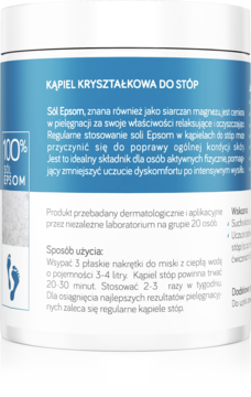 Delia Cosmetics Good Foot: kryształowa kąpiel do stóp z 100% solą Epsom, tył biało-niebieskiego opakowania.