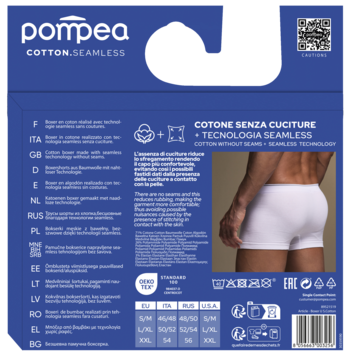 Tył niebieskiego opakowania Pompea Cotton Seamless: męskie białe bokserki bawełniane, bezszwowe, z widokiem modela od tyłu.