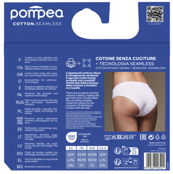 Niebieskie opakowanie majtek Pompea Cotton Seamless L-XL, tył, z modelem w białych bawełnianych majtkach.