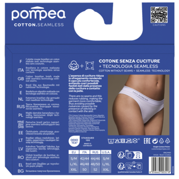 Niebieskie opakowanie majtek Pompea Cotton Seamless. Z przodu modelka w białych bezszwowych brazylianach.