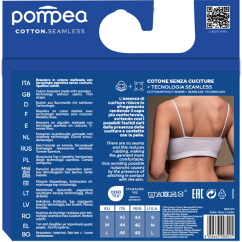 Tył niebieskiego opakowania bawełnianego biustonosza sportowego Pompea Cotton Seamless, biały produkt na modelce.