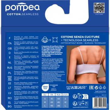 Tył opakowania biustonosza Pompea Cotton Seamless: niebieskie tło, modelka w białym, bawełnianym bezszwowym biustonoszu.