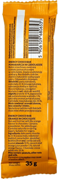 Tył pomarańczowego opakowania batona Energy Choco Bar Orange in Chocolate, z listą składników i wagą 35g.