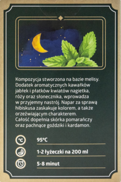 Tył opakowania herbaty ziołowej Dobra Noc Five O'clock, ilustracja z melisą, księżycem, skład i instrukcje parzenia.
