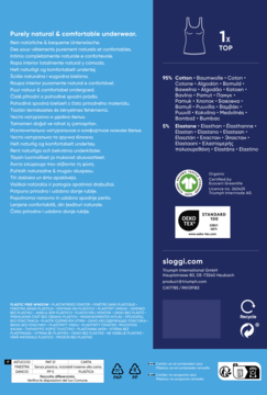 Tył opakowania topu Sloggi Pure Comfort. Widoczne informacje o składzie (bawełna, elastan) i certyfikatach.