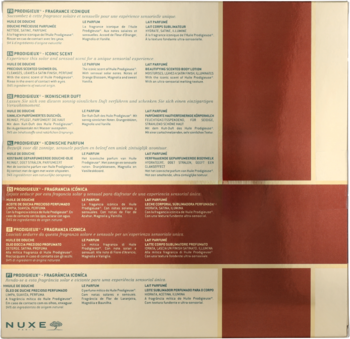 Tył beżowo-brązowego opakowania zestawu Nuxe Iconic Scent z logo Nuxe i informacjami o produktach na lewej stronie.