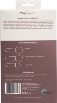 Tył opakowania zestawu pędzli Eva Schmitt do makijażu, wegańskie z recyklingu, z rysunkami trzech pędzli.