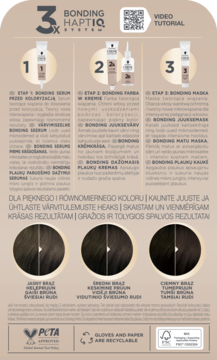 Ulotka instruktażowa farby Schwarzkopf Bonding HaptIQ System z trzema krokami koloryzacji i próbkami brązowych odcieni.