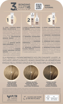Reklama Schwarzkopf Bonding HaptIQ, 3-etapowa farba do włosów. Schemat użycia, przykłady blond odcieni i certyfikat PETA.