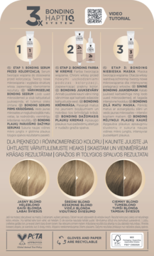 Schwarzkopf Creme Supreme farba, infografika 3 kroków Bonding HaptiQ System i przykłady odcieni blond.