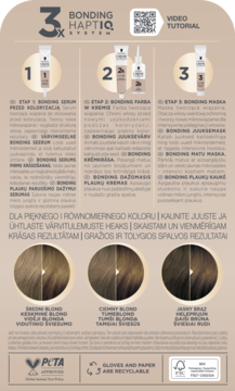 Opakowanie farby Schwarzkopf Creme Supreme z HaptIQ System: instrukcje, 3 kroki pielęgnacji i próbki kolorów włosów.