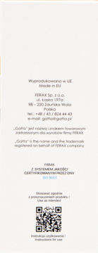Panel informacyjny opakowania Gatta: dane producenta, certyfikat ISO 9001, QR kod instrukcji użytkowania.
