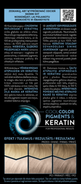 Opakowanie Syoss Permanent Cool Color: farba z pigmentami i keratyną. Pokazuje włosy przed/po z ciepłego na chłodny blond.