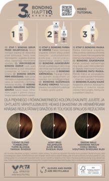 Instrukcja Schwarzkopf Bonding HaptIQ System: 3 etapy (serum, farba, maska) i przykłady kolorów włosów.