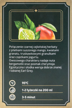 Tył herbaty Five O'clock Earl Grey Mango: składniki, bergamotka, mango i sposób parzenia.