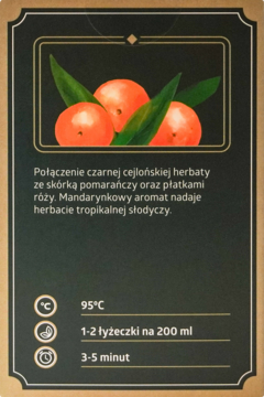 Tył opakowania czarnej herbaty Five O'clock Hiszpańska Mandarynka, mandarynki i instrukcje parzenia.