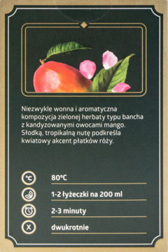 Tył opakowania herbaty Bancha Słodkie Mango Five O'clock. Złote obramowanie, grafika mango, róż i detale parzenia.