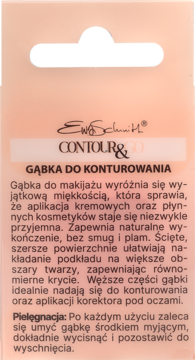 Opakowanie gąbki do konturowania Ewa Schmitt, brzoskwiniowe z tekstem o miękkości i kształcie do podkładu/korektora.