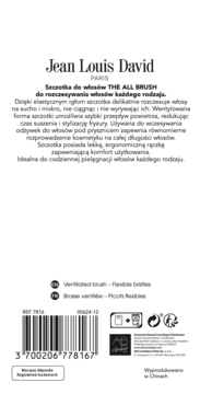 Tył opakowania szczotki Jean Louis David The All Brush z tekstem o wentylowanej konstrukcji i elastycznych igłach. Widoczny barcode.