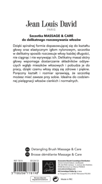 Tył białego opakowania szczotki Jean Louis David Massage & Care, z opisem do włosów cienkich i normalnych.
