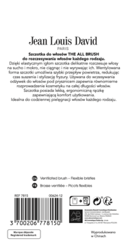 Tył opakowania szczotki Jean Louis David The All Brush. Białe tło, czarny tekst, barcode i logo.