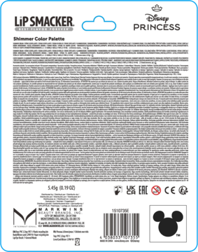 Tył palety cieni Lip Smacker Disney Princess Shimmer Color Palette, z drobnym tekstem i kodem.