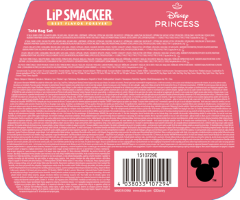 Tył różowego opakowania zestawu makijażowego Lip Smacker Disney Princess; widoczny kod kreskowy i tekst.