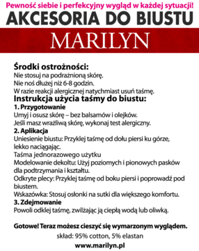 Biała etykieta z instrukcją użycia taśmy do biustu Marilyn: ostrzeżenia, aplikacja i skład materiału. Z czerwonymi nagłówkami.