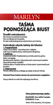 Biała etykieta taśmy Marilyn podnoszącej biust z czerwoną grafiką, widoczne instrukcje i detale składu.