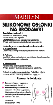Biała plansza Marilyn: silikonowe osłonki na brodawki, z instrukcją użycia, ostrzeżeniami i grafiką.