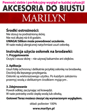 Biała ulotka Marilyn z czerwonym nagłówkiem, opisująca środki ostrożności i instrukcję użycia osłonek na brodawki.
