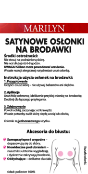 Marilyn satynowe osłonki na brodawki; biała ulotka z instrukcją, grafiką biustu i cechami: niewidoczne, samoprzylepne.