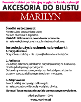 Ulotka z instrukcją piankowych osłonek na brodawki Marilyn, czarnych, niewidocznych, samoprzylepnych, wielokrotnego użytku.
