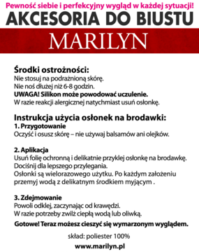 Marilyn: ulotka z instrukcją użycia piankowych osłonek na brodawki, środki ostrożności i skład.
