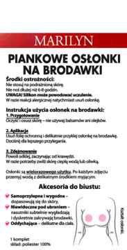 Białe opakowanie piankowych osłonek na brodawki Marilyn z czerwonym paskiem, instrukcjami i grafiką.