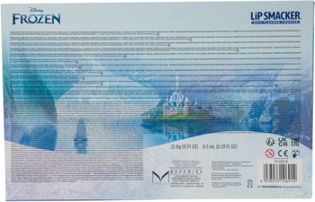 Tył opakowania zestawu makijażowego Lip Smacker Disney Frozen Beauty Blockbuster, z ilustracją zamku i informacjami.