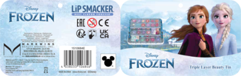 Opakowanie zestawu do makijażu Lip Smacker Disney Frozen z Anną i Elsą, przód z otwartym wnętrzem i tył.