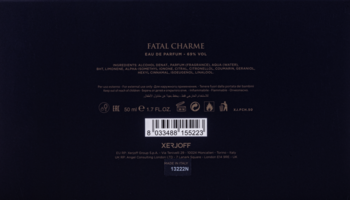 Tył ciemnego opakowania perfum Fatal Charme 100 ml, z białymi napisami, kodem kreskowym i ikonami.