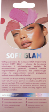 Front opakowania KillyS Soft Glam z gąbeczką do makijażu; wycięcie w kształcie twarzy modelki, srebrne napisy, instrukcja.