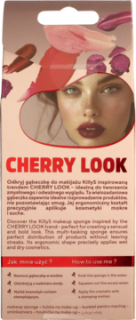 Tył opakowania gąbeczki do makijażu KillyS Cherry Look. Modelka, instrukcja użycia, motywy wiśni. Opis w PL/EN.